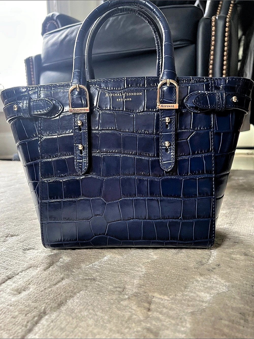 RARE Aspinal of London Marylebone Mini Tote Croc-Embossed Navy Blue EUC